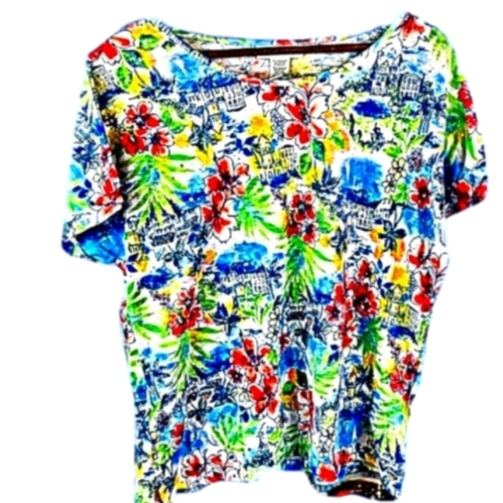 Cathy Daniels M Embellished Multicolor Floral Print Short Sleeve Blouse